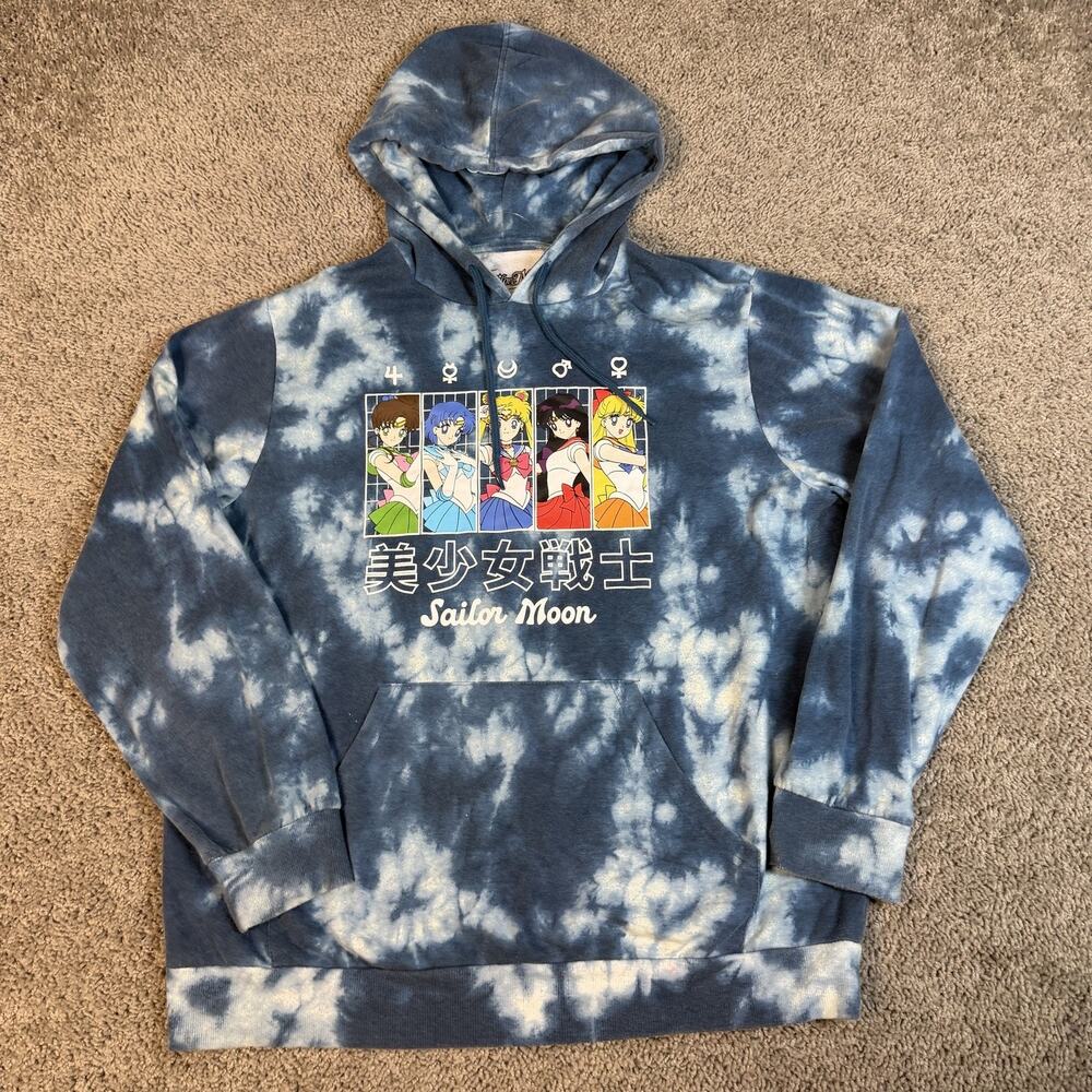 Sailor Moon Hoodie Mens L Blue Pullover Hooded Pockets Graphic Print Tagless